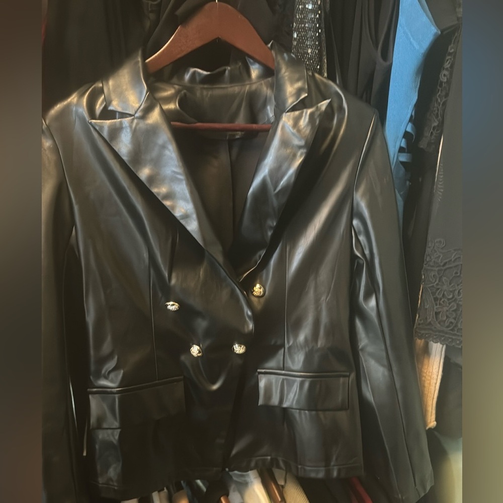 Leather like blazer work dressy casual gold button blazer jacket - Picture 2 of 7